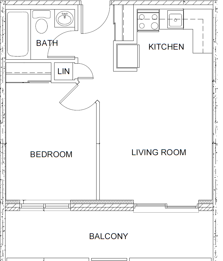 Floor plan for 1 bed, 1 bath, 579 sqft